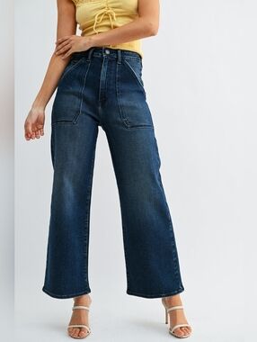 Just Black Dark Wash Indigo Patch Pocket Wide Leg Ankle Jeans